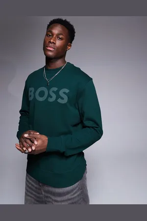 HUGO BOSS – WeBasicCrew – Locker geschnittenes Sweatshirt in Dunkelgrün mit großem, farblich abgestimmtem Logo auf Brusthöhe