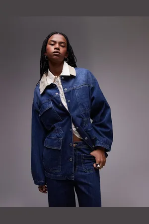 Topshop – Barn-Jacke aus Denim in Mittelblau mit elastischem Bund und Kragen aus Cord