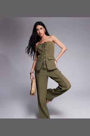 Kaiia – Exklusive Hose in Khaki mit geradem Schnitt und Ziernaht vorne, Kombiteil