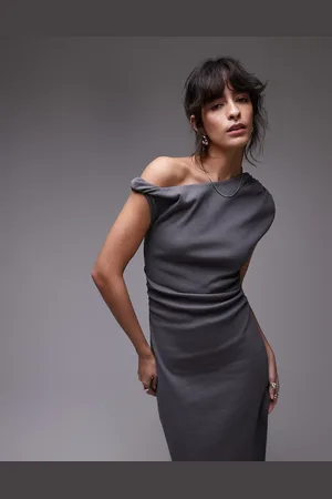 Topshop – Maxikleid aus Jersey in Anthrazit mit verdrehter Schulterpartie