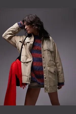 Topshop – Barn-Jacke in Beige aus Denim mit Cordkragen