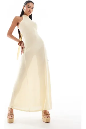 ASOS – Maxi-Strickkleid in Buttermilchgelb mit Neckholder zum Binden und Godetfalten