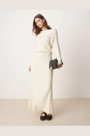 ASOS – Maxirock aus Strick in Creme mit Zopfmuster, Kombiteil