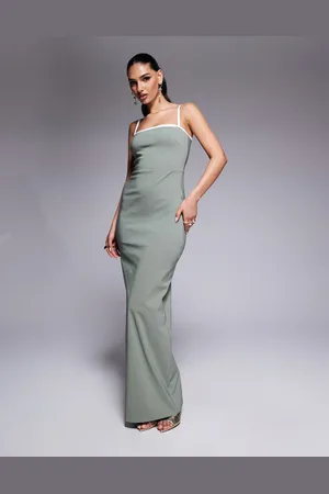Vesper – Bodycon-Maxikleid in Salbeigrün mit eckigem Ausschnitt und kontrastierender Paspelierung