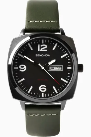 Sekonda – Airborne – Herrenuhr mit schwarzem Zifferblatt mit 43 mm Durchmesser und Lederarmband