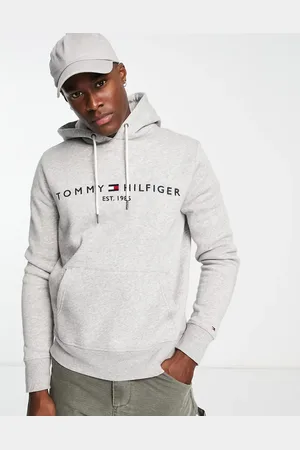 Tommy Hilfiger – Kapuzenpullover in Kalkgrau mit aufgesticktem Flaggenlogo