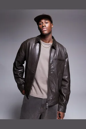 ASOS – Premium – Harrington-Jacke aus braunem Echtleder mit Wildlederkragen