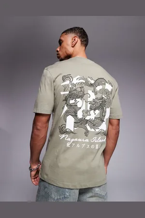 River Island – T-Shirt in Khaki mit „Nagura Island“-Print