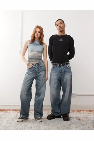 Weekday – Unisex – Astro – Weite Jeans in blauer Used-Waschung mit niedrigem Bund