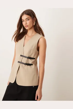 ASOS – Longline-Weste in Steinbeige mit Gürteldetail