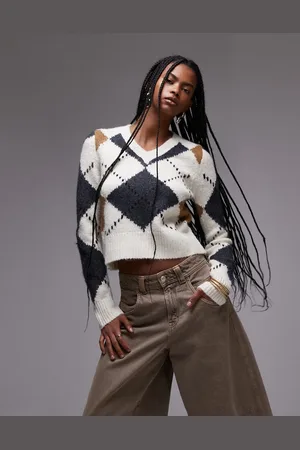 MANGO – Pullover in Beige mit V-Ausschnitt und Rautenmuster