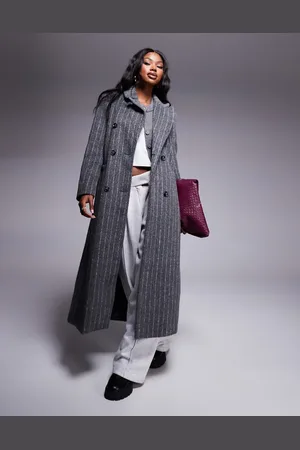 River Island – Zweireihiger Mantel in Dunkelgrau mit Nadelstreifen