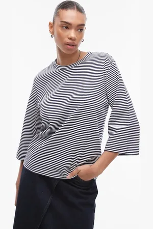 ARKET – Schweres T-Shirt in Blau und Weiß gestreift mit 3/4-Ärmeln