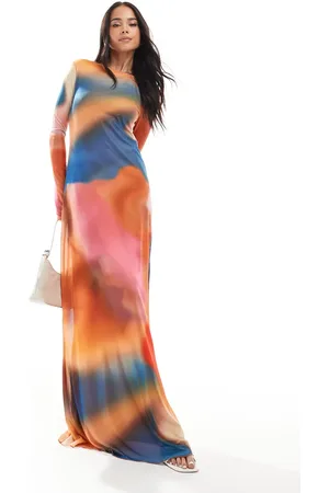 VERO MODA – Langärmliges Netzstoff-Maxikleid mit abstraktem Muster in Sonnenuntergangsblau