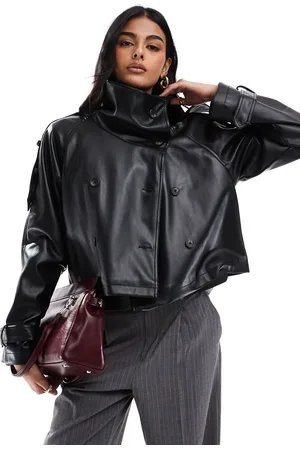 ASOS – Kurzer Trenchcoat in schwarzer Lederoptik mit Stehkragen