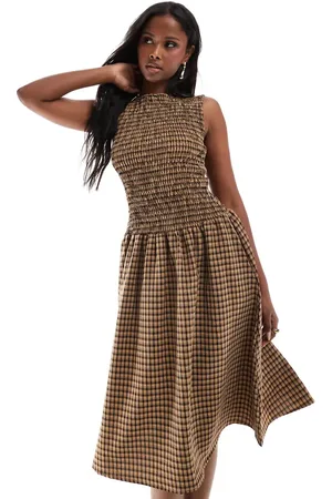 Daisy Street – Gesmoktes Midaxikleid in kariert mit tief angesetzter Taille