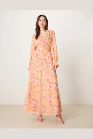 VILA – Langes Wickelkleid aus Chiffon mit floralem Print in Orange