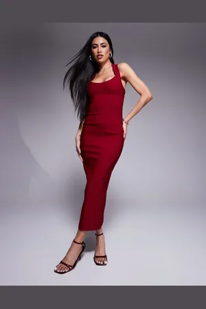 Vesper – Figurbetontes Midaxi-Kleid in Burgunderrot mit U-Ausschnitt und Neckholder