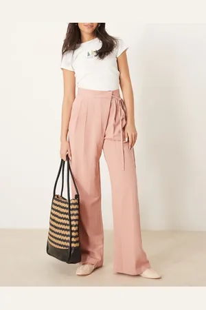 ASOS – Weit geschnittene Leinenhose in Apricot mit Bindedetail vorne