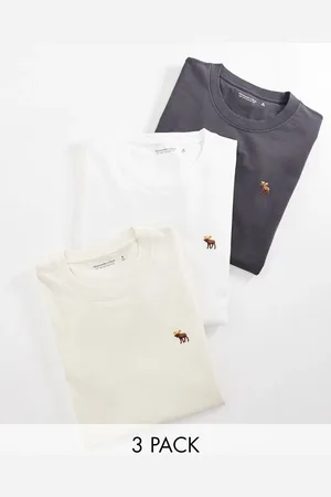 Abercrombie & Fitch – 3er-Pack T-Shirts in klassischer Passform in Schwarz/Creme/Weiß mit glänzendem Markenlogo