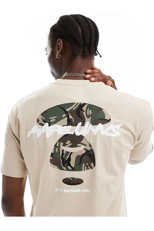 A Bathing Ape – T-Shirt in Beige mit Logo und Military-Rückenprint
