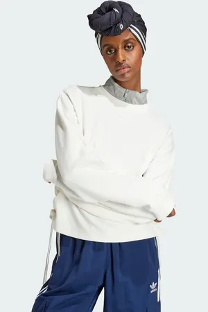 adidas – Lockeres Sweatshirt in Wolkenweiß mit den 3 Streifen und Raffung
