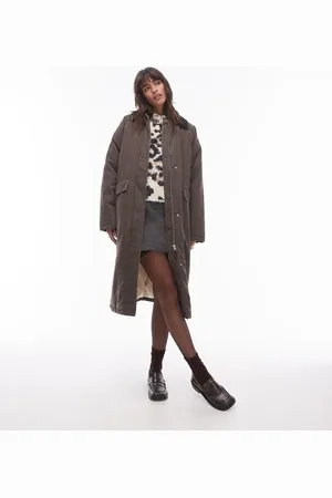 Topshop – Wattierte Longline-Jacke in Braun aus Baumwolle mit Cordkragen