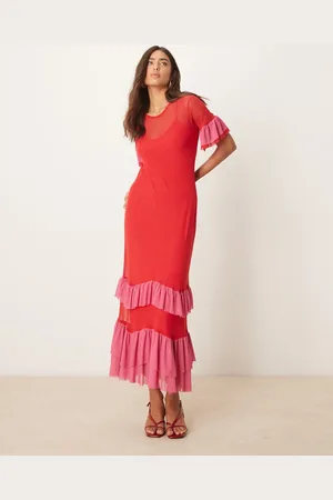 Never Fully Dressed – Netzstoff-Maxikleid in und Rosa mit Rüschen
