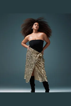ASOS ASOS DESIGN Curve – Midi-Wickelrock mit Paillettenbesatz in Gold