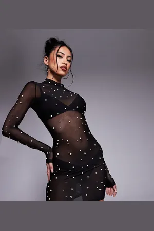 In The Style X Perrie Sian Exklusiv – Minikleid aus Netzstoff in mit Zierperlen