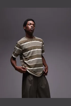 Topman – Premium – Oversize-T-Shirt in Khaki gestreift