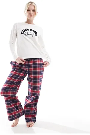 Threadbare – Cosy Club – Langer Pyjama mit karierter Hose mit Streifen