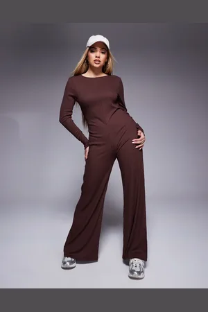 ASOS – Gerippter, langärmliger Jumpsuit in mit Ziernaht und weitem Bein