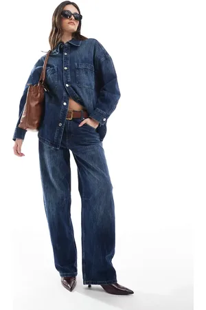 Pull&Bear – Barrel-Jeans in Dunkelblau mit Farbverlauf-Faden, Kombiteil