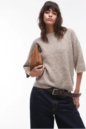 Topshop – T-Shirt aus Strick in Hellbeige