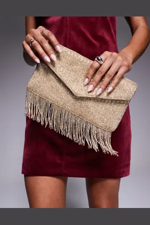 True Decadence – Perlenbesetzte Clutch-Tasche in Roségold mit Fransen