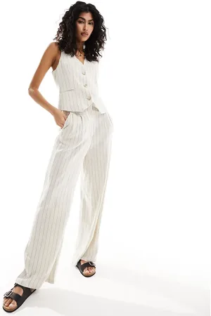 ASOS – Elegante, weit geschnittene Hose in Ecru mit Streifen, hohem Bund, Ziernaht und Leinenanteil