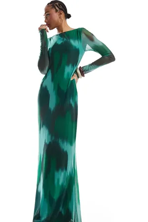 VERO MODA – Langärmliges Maxikleid aus Mesh in Dunkelgrün mit abstraktem Muster