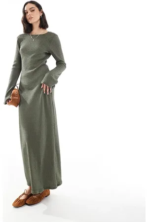 VERO MODA – Langärmliges Maxikleid in Khaki mit Struktur