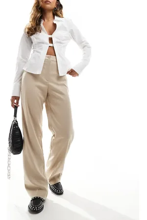 Monki – Elegante Hose in Beige mit lockerem, geradem Schnitt