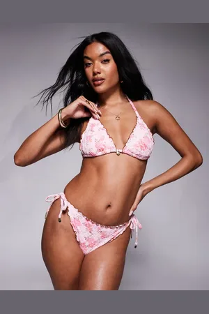 River Island – Bikinihose in Hellrosa mit Lochstickerei und Blumenmuster