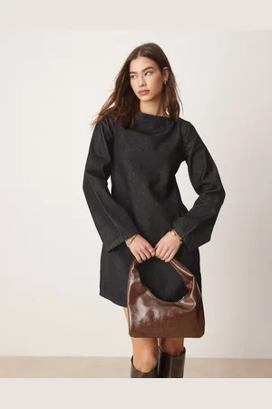 ASOS – Langärmliges Etuikleid aus Denim in /Ecru mit kontrastierender Ziernaht