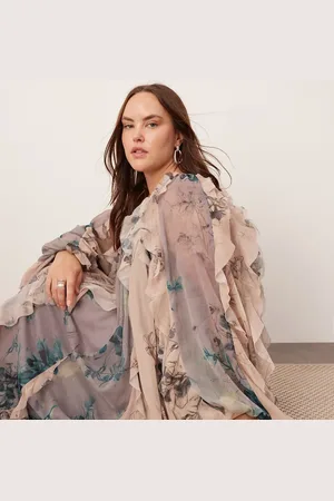 ASOS Curve – Gerüschtes Chiffon-Maxikleid mit ungesäumten Kanten, Ballonärmeln und Blumenmuster-Mix