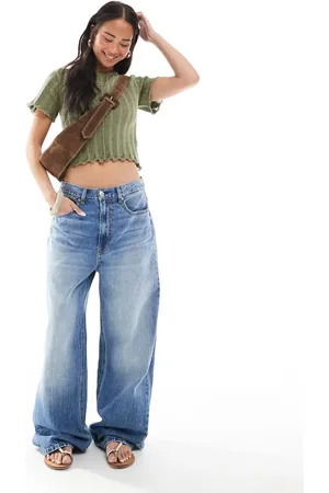 Stradivarius – D88 – Weite Jeans in dunkler Waschung mit niedrigem Bund