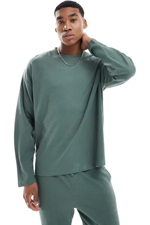 New Look – Langärmliges Shirt in Khaki mit Waffelstruktur
