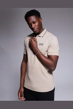 EA7 Armani – – Kurzärmliges Polohemd in Beige mit Zierstreifen und Logo