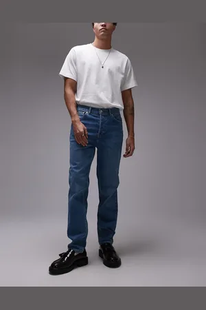 Topman – Schmal zulaufende Stretch-Jeans in mittelblauer Waschung