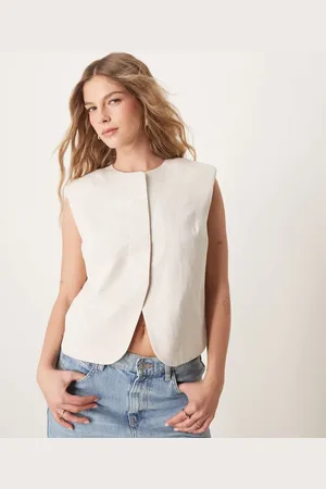 ASOS – Kastige Weste in Steinbeige mit Leinenanteil und offenem Schnitt