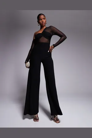 ASOS – Langärmeliger Jumpsuit aus Netzstoffmix in mit abfallender Schulterpartie
