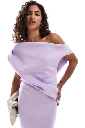ASOS ASOS DESIGN Petite – Schulterfreies Bleistift-Midikleid in Flieder mit drapierter Taille